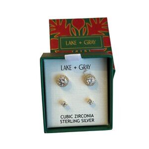 NEW 2 Pairs of Lake + Gray Gold over Sterling Silver CZ Stud Earrings